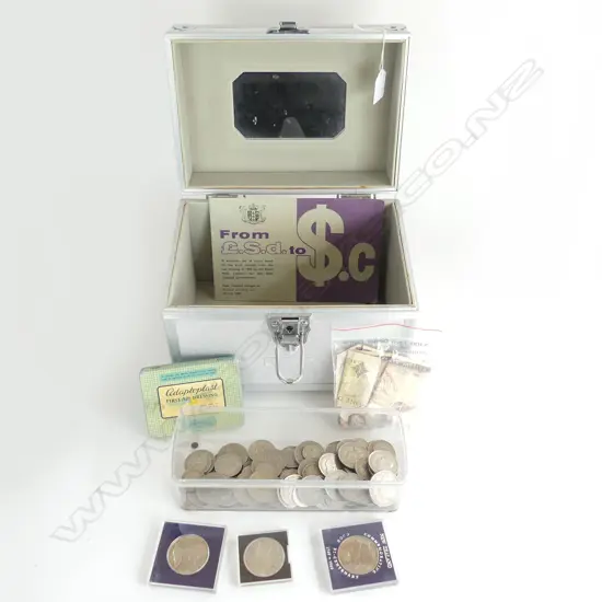 ALLUMINIUM MAKE UP BOX L260MM  & CONTENTS NZ COLLECTORS COINS