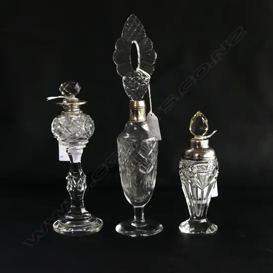 3 CRYSTAL DECO PERFUME BOTTLES TALLEST 270MM