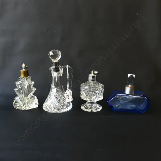 3 GLASS DECO PERFUME BOTTLES & SM CRYSTAL DECANTER faulted
