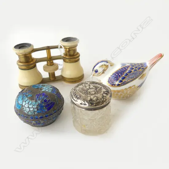 4 PCES; OPERA GLASSES, 2 CONTAINERS 1 w. STG LID, ROYAL CROWN DERBY BIRD