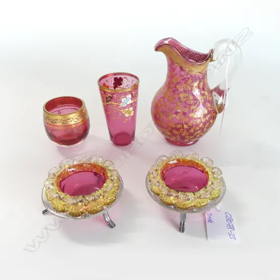 5 QUALITY ANTIQUE RUBY GLASS PIECES gilt enrichments The jug H.115mm