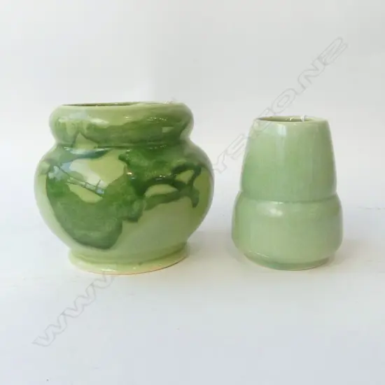 PR CROWN LYNN/AMBRICO VASES VARIABLE GREEN GLAZE, H.110mm & 100mm (both w hairlines)