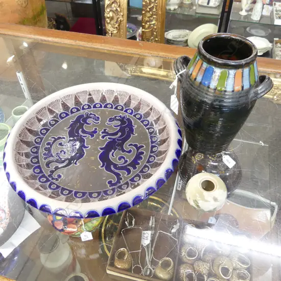 GERMAN SALT GLAZE BOWL 325mm dia + 2 OTHER POTTERY PCES