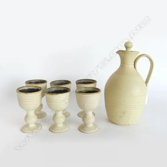 STUDIO POTTERY STOPPERED JUG & 6 GOBLETS SIGNED H260MM