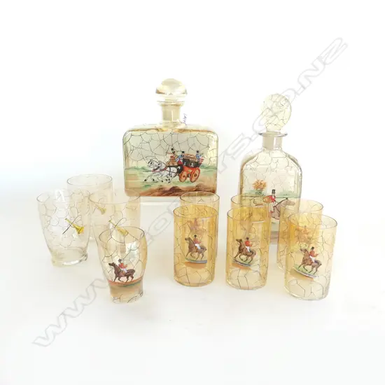 PR ART DECO HUNTING SCENE DECANTERS & 10 GLASSES handpainted