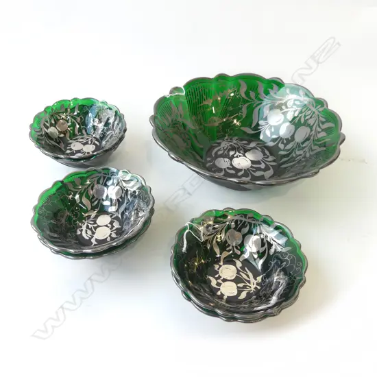 7 VINTAGE GLASS  BOWLS WITH SILVER DECORATIONS, 1 GREEN (Dia.260MM) & 6 SM GREEN