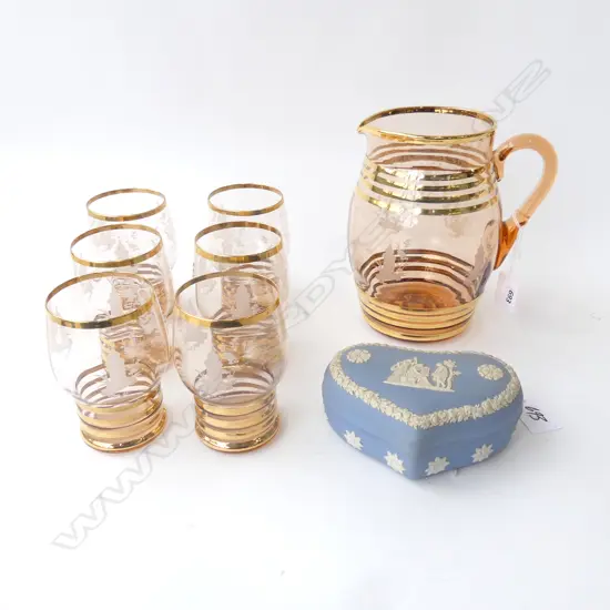 7 PCE DRINKS SET; JUG & 6 GLASSES + WEDGWOOD LIDDED CONTAINER