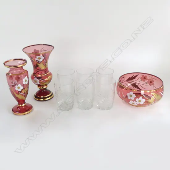 6 CRYSTAL TUMBLERS H.125mm (1 w. RIM FRITS) + 3 PCES BOHEMIA GLASS; BOWL + 2 VASES H.230mm