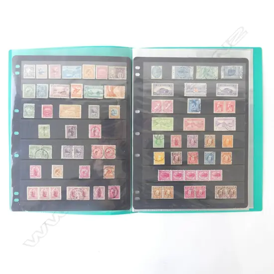 2 PAGES OF ANTIQUE NZ STAMPS IN GREEN FOLDER 1st Pictorials etc