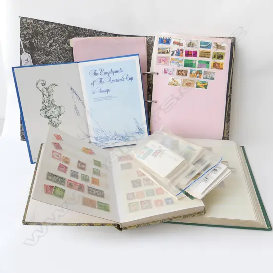 4 STAMP ALBUMS & 2 BAGS OF STAMPS 