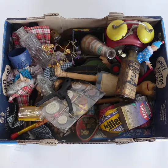 ASST. TOYS, BOTTLES, ALARM CLOCK ETC