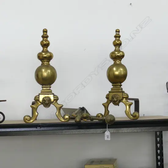 SET OF ANTIQUE BRASS FIREDOGS H410MM BRASS POKER TONGS & SHOVEL L700MM