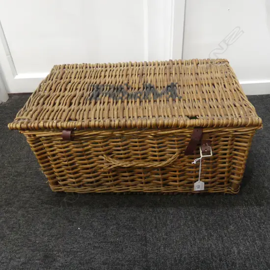 VINTAGE CANE PICNIC BASKET L540MM CONTAINS THE FACE OF TAMAKI GEOMETRIC PUZZEL BY JACKIE PITMAN 