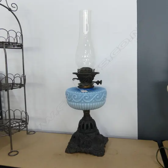 EDWARDIAN BLUE MILKGLASS & CAST IRON TABLE KEROSENE LAMP H570MM