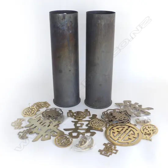 TWO WWII SHELL CASES (H.370mm) & ASST. ORIENTAL BRASS PCS (LGEST DIA.125mm)
