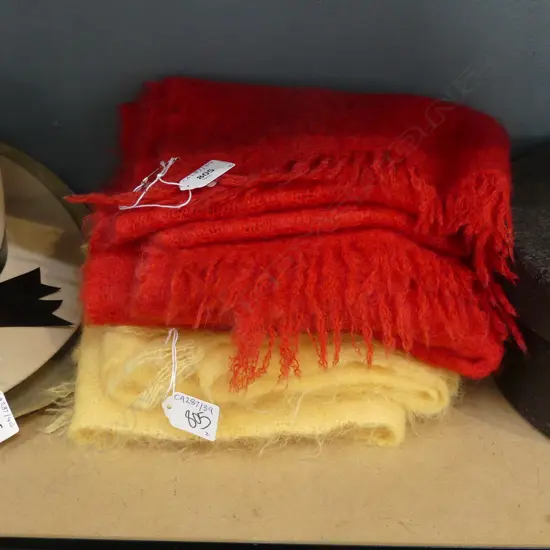 2 SCOTTISH MOHAIR SHAWLS RED & APRICOT L1640MM