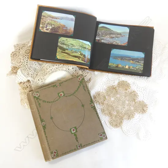 2 VINTAGE POSTCARD ALBUMS, 1 SUEDE BOUND w HANDPAINTED MAORI CHIEF & COLLECTION OF CROCHETED LINEN