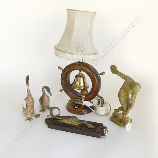 5 PCES; S.S.REMUERA LAMP w. BELL H.335mm, PR COLD PAINTED METAL DUCKS, DISCUS FIGURE, DOOR KNOCER