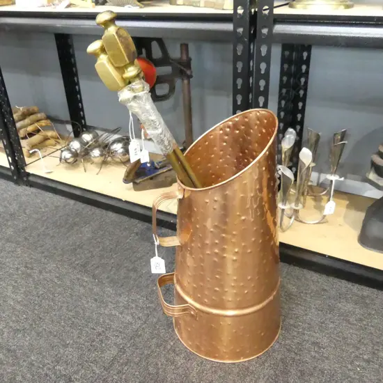 THREE FIREPLACE BRASS TOOLS, L.620MM & COPPER SCUTTLE, H.430MM