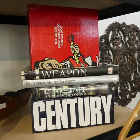 5 COFFEE TABLE BOOKS; NZ SONGBOOK, CENTURY, COLT (GUNS), WEAPON, MUHAMMAD ALI