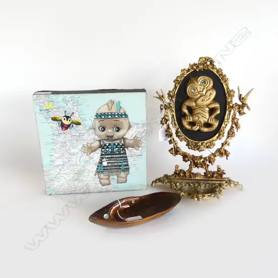 THREE NZ FOLK ART ITEMS, BLU TUI MAP WITH APPLIED FIG, MINI BAILER L.205mm, CHEVAL MIRROR ( APPLIED TIKI FIGURE) H.340mm