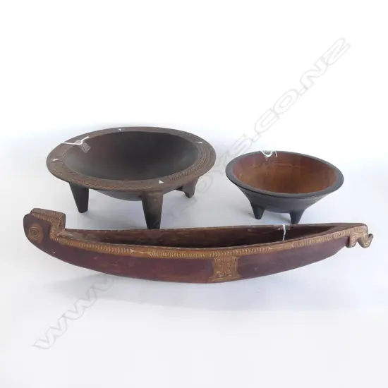 TWO TONGAN KAVA BOWLS, DIA 335 & 230mm WITH MELANESIAN MODEL CANOE L.540mm