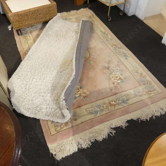 2 RUGS; CHINESE 1900x1250mm, WHITE SHAGGY 1500x800mm STAINS