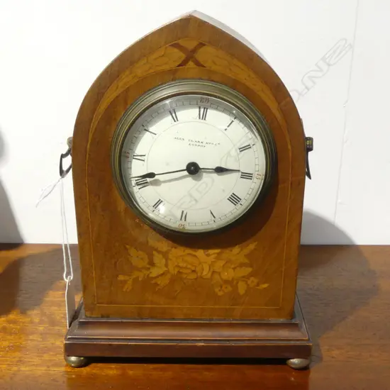 INLAID WOODEN MANTLE CLOCK; ALEX. CLARK MFG. Co. LONDON H.235mm