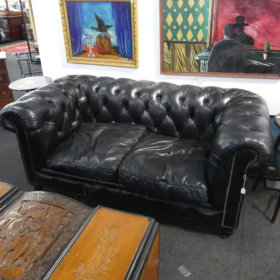 BLACK LEATHER CHESTERFIELD SOFA 1800x900x750mm