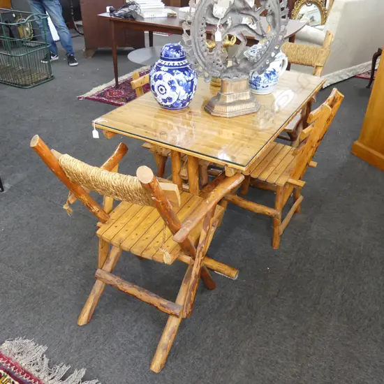 RUSTIC PINE DINING SET; GLASS TOPPED TABLE 1100x700x750mm & 4 CHAIRS