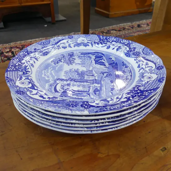6 COPELAND SPODE ITALIAN PATTERN DINNER PLATES 265mm dia 1 w. 90mm hairline