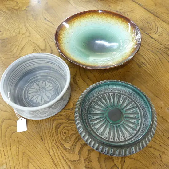 3 STUDIO POTTERY BOWLS; JOHGUS BORNHOLM 205mm dia (tiny chip), JOHN LAWRENCE, OTHER