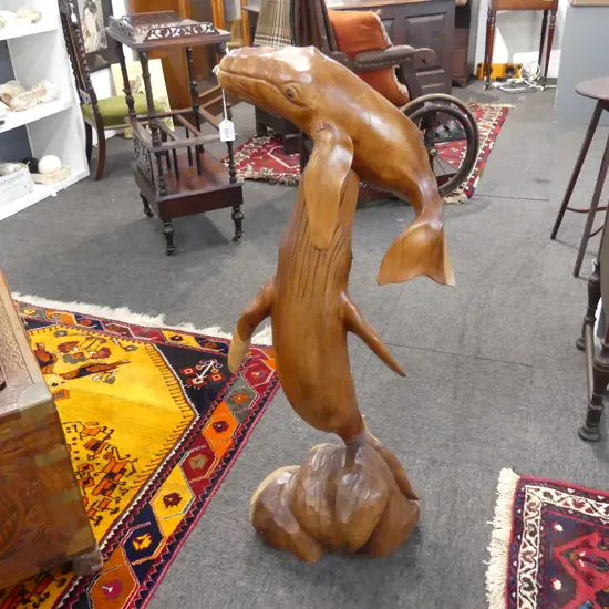 CARVED WOODEN STATUE; 2 WHALES H.1050mm