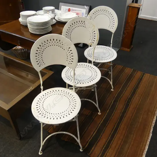3 VINTAGE FOLDING BISTRO CHAIRS; WHITE PAINTED METAL