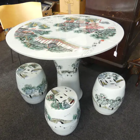 CHINESE CERAMIC TABLE 900mm dia + 3 STOOLS