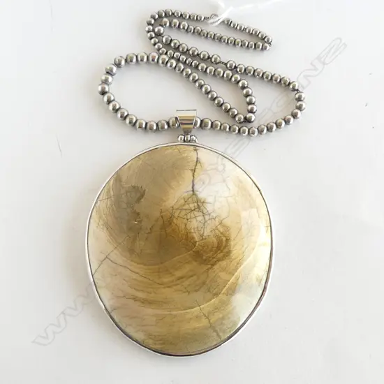 LG SILVER RIMMED (& BALE) FOSSIL NECKLACE w CHAIN