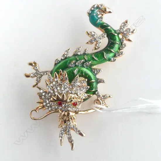LG DRAGON BROOCH, GN w RED EYES, L.70mm