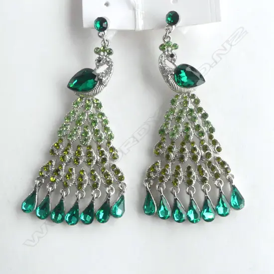 LG CHANDELIER PEACOCK EARRINGS, 1 broken but still wearable