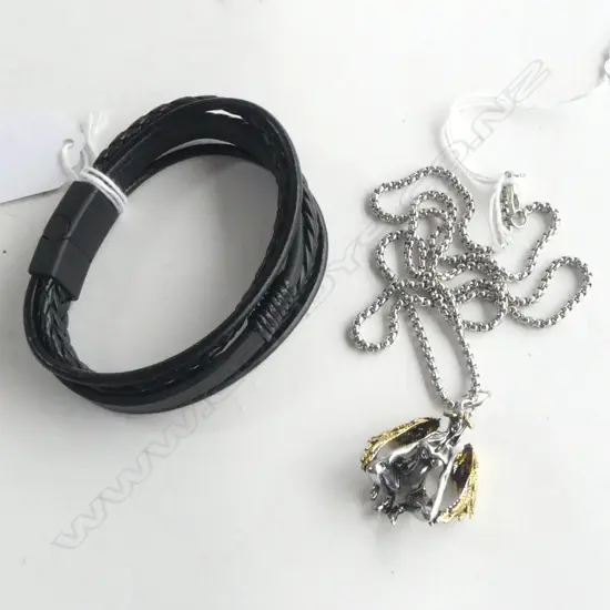 WOVEN LEATHER BOHEMIAN BRACELET & 'WINGED LADY' PENDANT & CHAIN