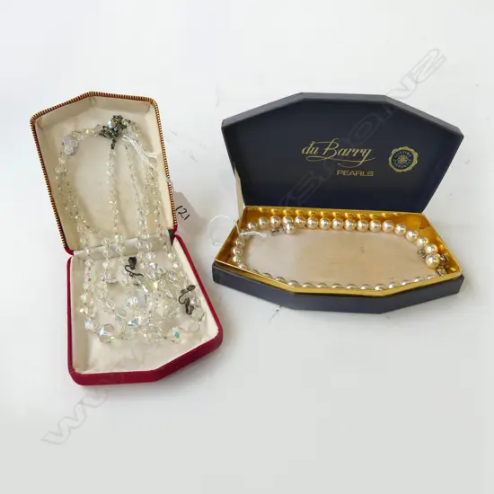 DU BARRY PEARL NECKLACE & EARRINGS SET, CRYSTAL NECKLACE, BOTH BOXED
