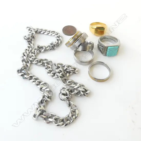 7 COSTUME RINGS, NECKLACE, GERMAN WWII COIN