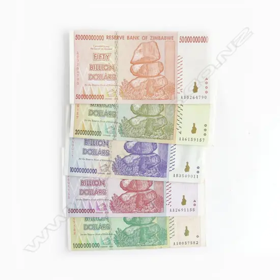 5 ZIMBABWE BANK NOTES; 1, 5, 10, 20 & 50 BILLION DOLLARS