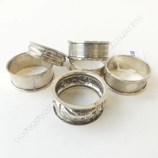 SIX STG SILVER NAPKIN RINGS ENGLISH HALLMARKS BIRMINGHAM 1910 ETC