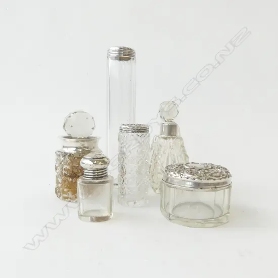 6 SILVER TOPPED VANITY BOTTLES & TRINKET BOX VARIOUS SIZES stamped