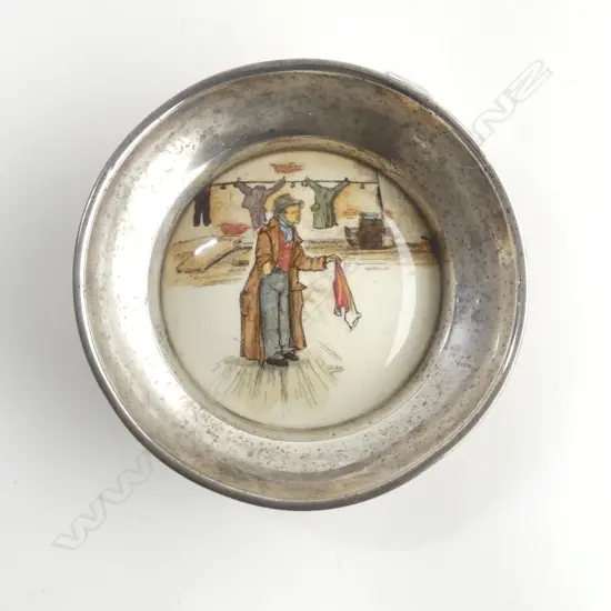 ROYAL DOULTON 'DICKENSWARE' PLAQUE w SILVER FRAME, BIRMIGHAM 1929, DIA 100mm, 78gm total weight