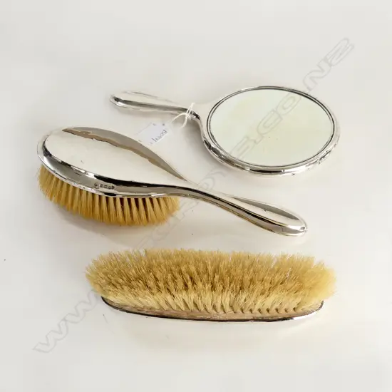 3 PCE STG SILVER VANITY SET; 2 BRUSHES & HAND MIRROR, B'HAM 1923
