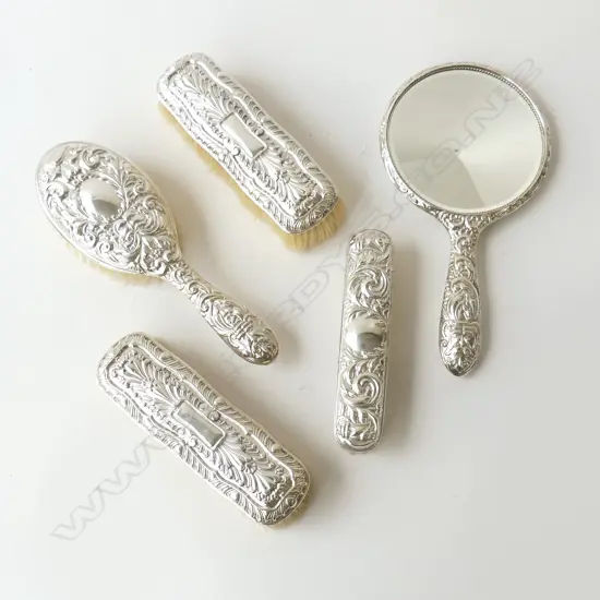 4 STG SILVER BRUSHES + HAND MIRROR