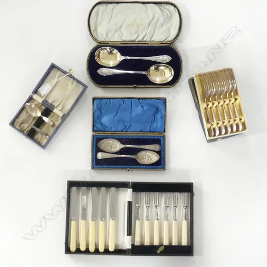 5 SETS SILVER PLATE CUTLERY, INCLD c.1880 BERRY SPOONS, DECO SERVING SPOON & FRUIT KNIFE/FORK SET
