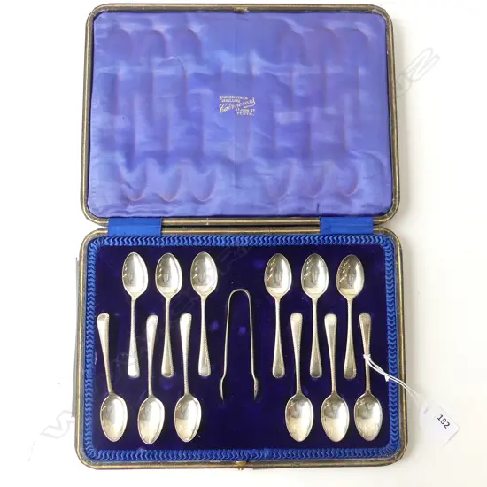 SHEFFIELD 1914 SET 12 SILVER TEASPOONS + TONGS in fitted leather case 
