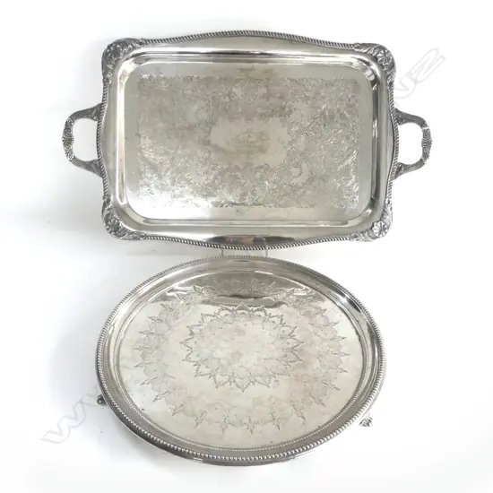 2 SILVER PLATE TRAYS; 355mm dia & 360x605mm